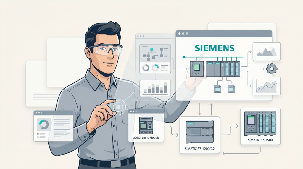 Man interacting with Siemens technology visuals.