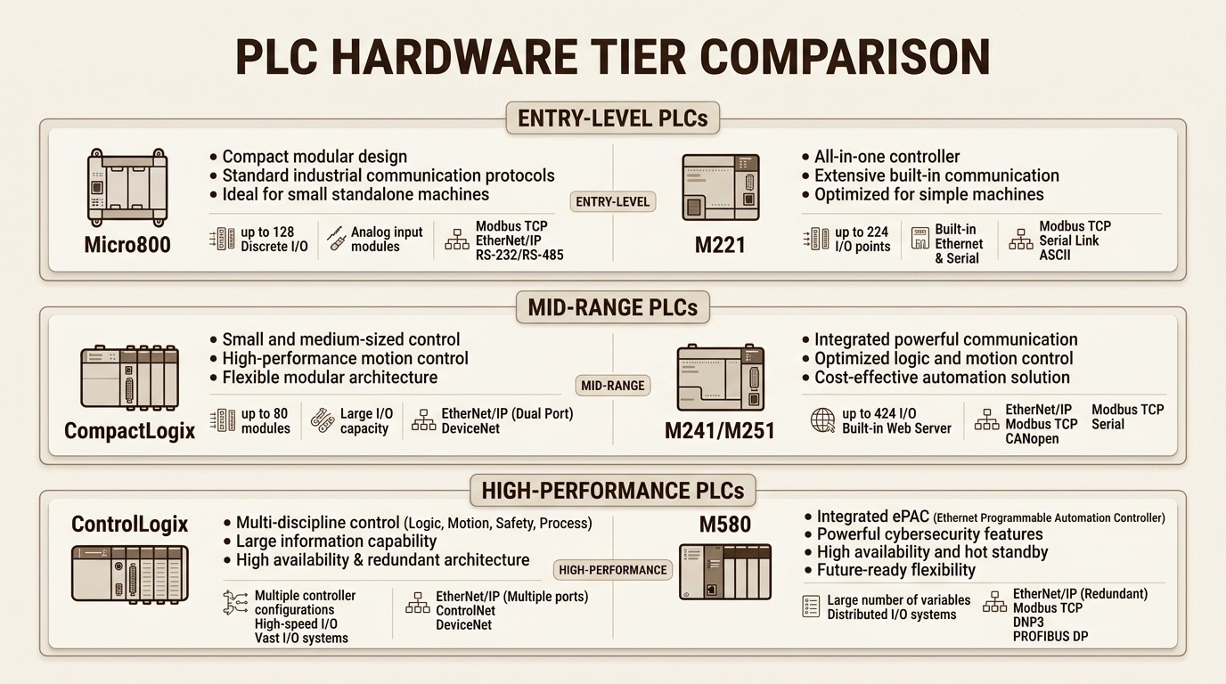 Schneider vs Rockwell: PLC comparison for Australian industry 5 This tiered hardware comparison assists in selecting the most cost-effective controller level for specific machine complexity and performance needs.