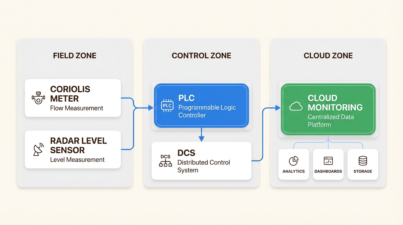This integrated architecture ensures that raw sensor data is transformed into actionable insights across the entire plant network for better oversight.