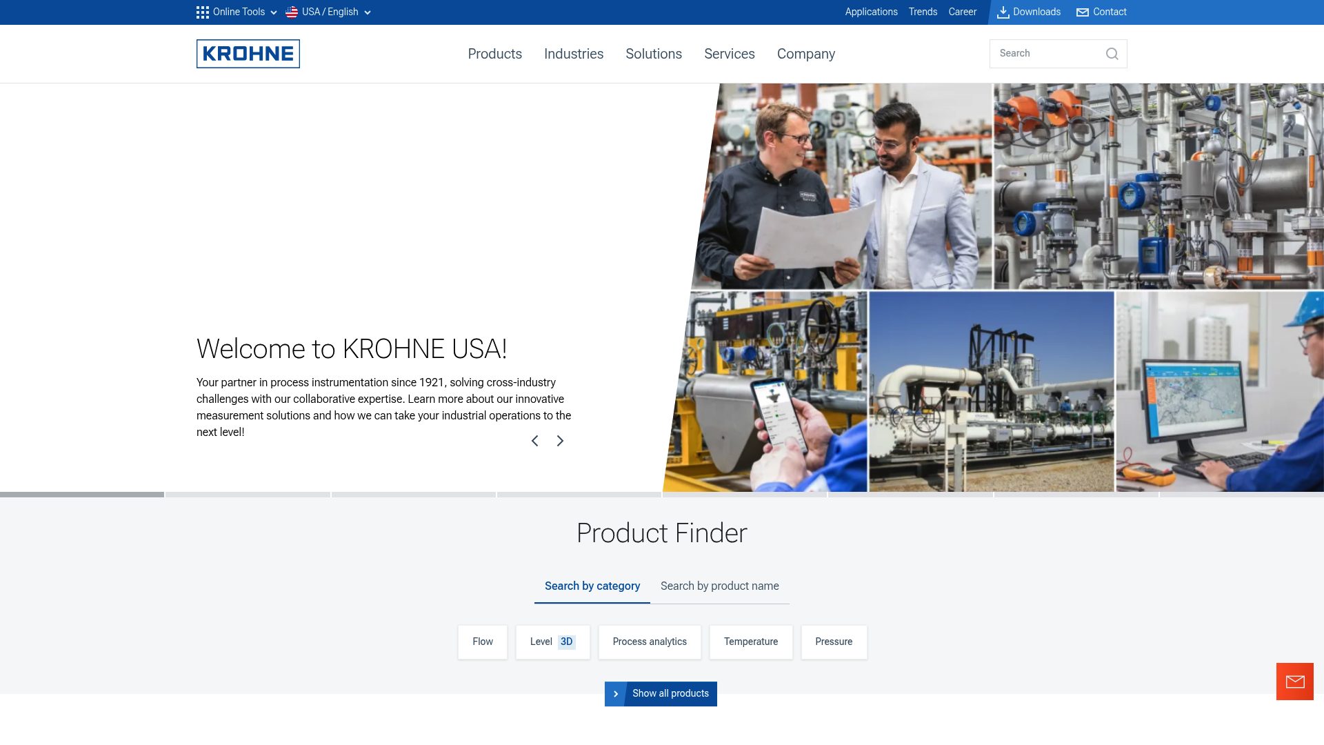 A screenshot of KROHNE's landing page.
