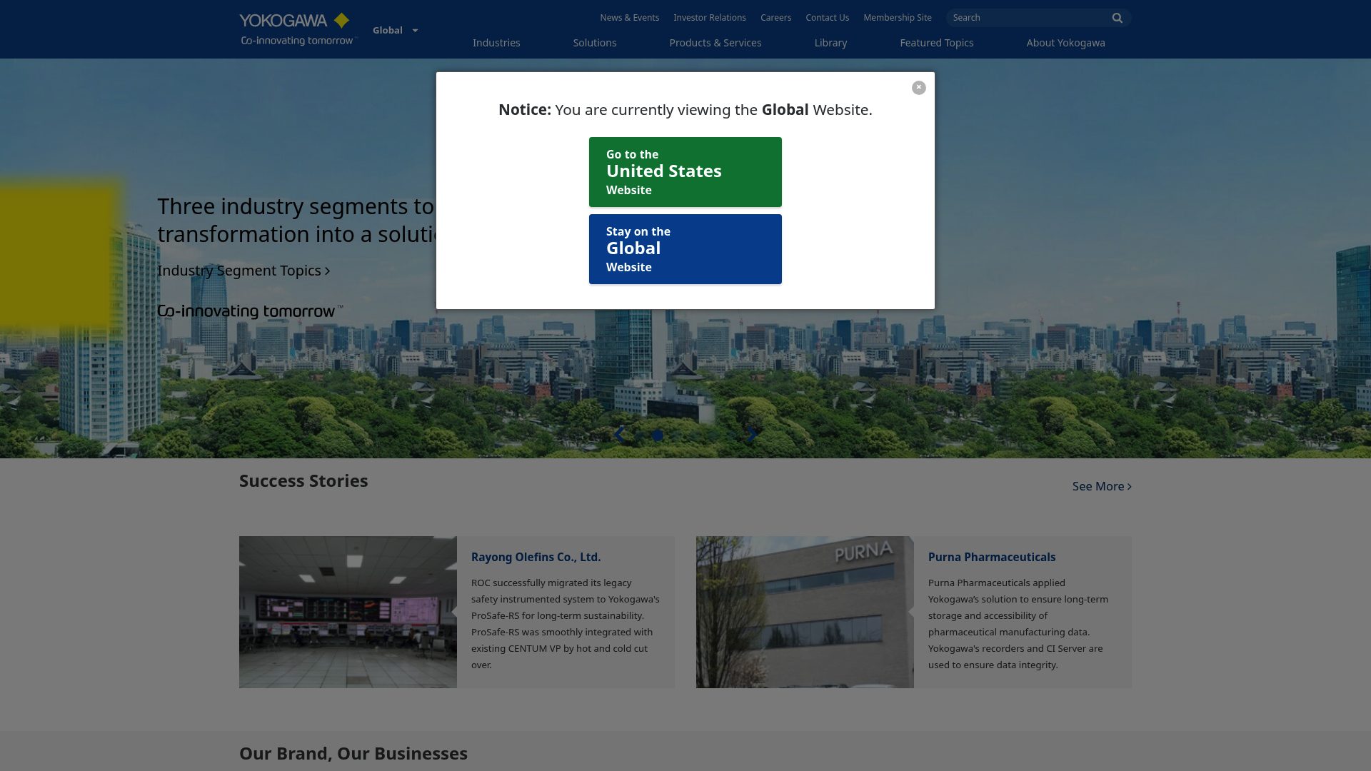 A screenshot of Yokogawa's landing page.